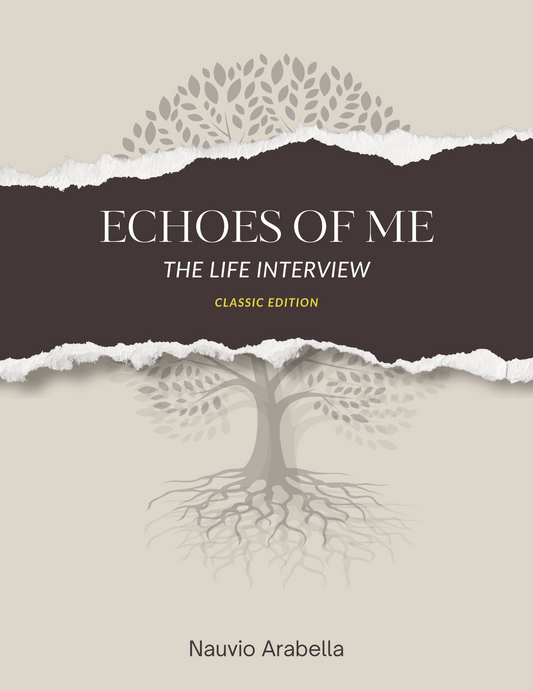 Book cover of 'Echoes of Me: The Life Interview' with a tree design and torn paper effect.