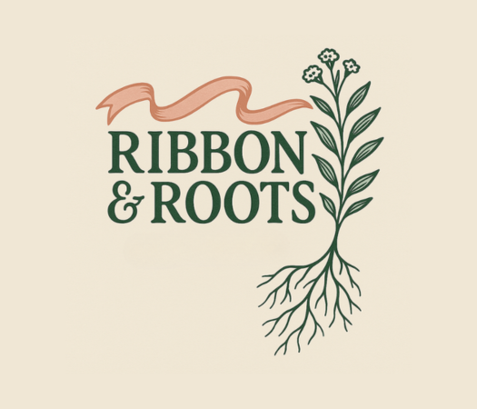 Logo of Ribbon & Roots with a ribbon and plant design on a beige background